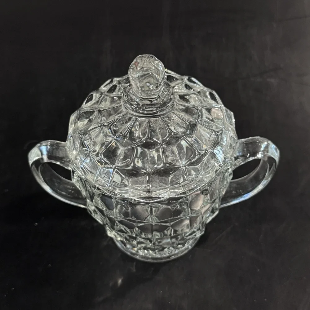 Vintage Fenton Cubist Clear Glass Sugar Bowl W Handles‎ & Lid